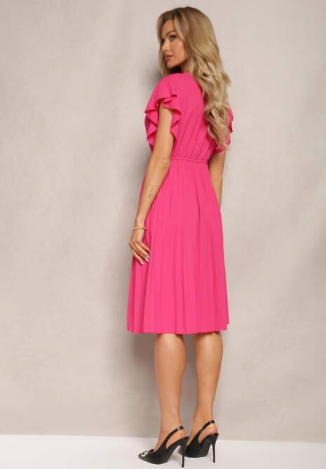 Ciemnoróżowa Rozkloszowana Sukienka Midi z Plisami na Dole Nairata