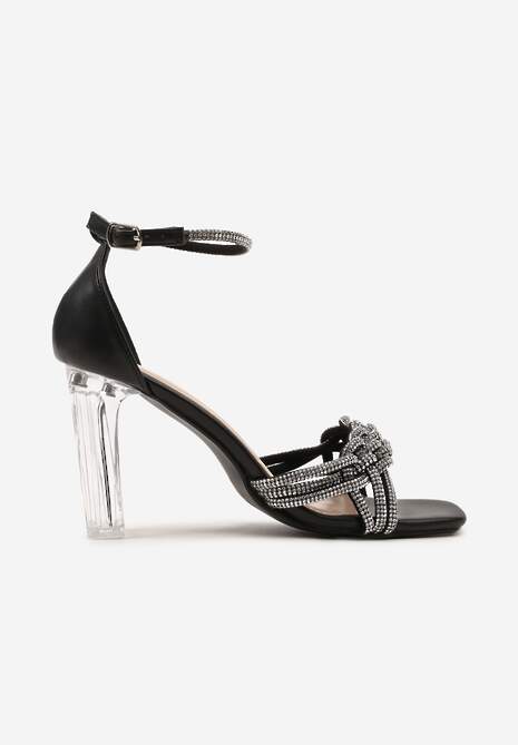 Czarne Sandały z Ekoskóry na Transparentnym Słupku Zdobione Cyrkoniami ze Sprzączką Lotesa