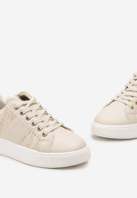 Beżowe Sznurowane Sneakersy z Ekoskóry z Plecionką i Metaliczną Wstawką Josephina