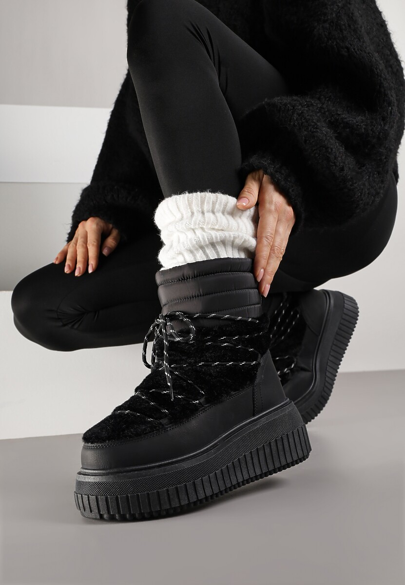 Czarne Śniegowce na Platformie z Tłoczeniem Ozdobione Futerkiem i Pikowaniem Adallie