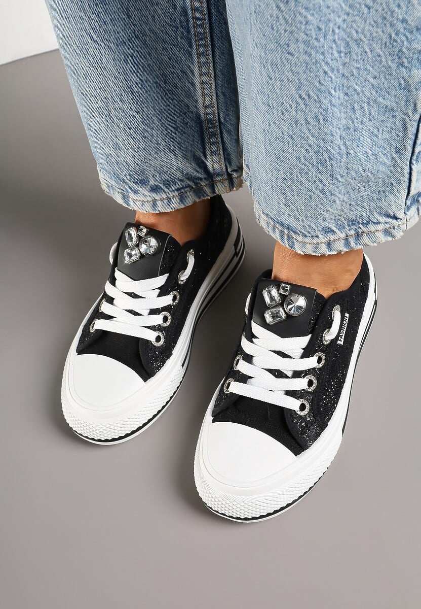Czarne Trampki na Platformie z Cyrkoniami i Koronką Nusilwen