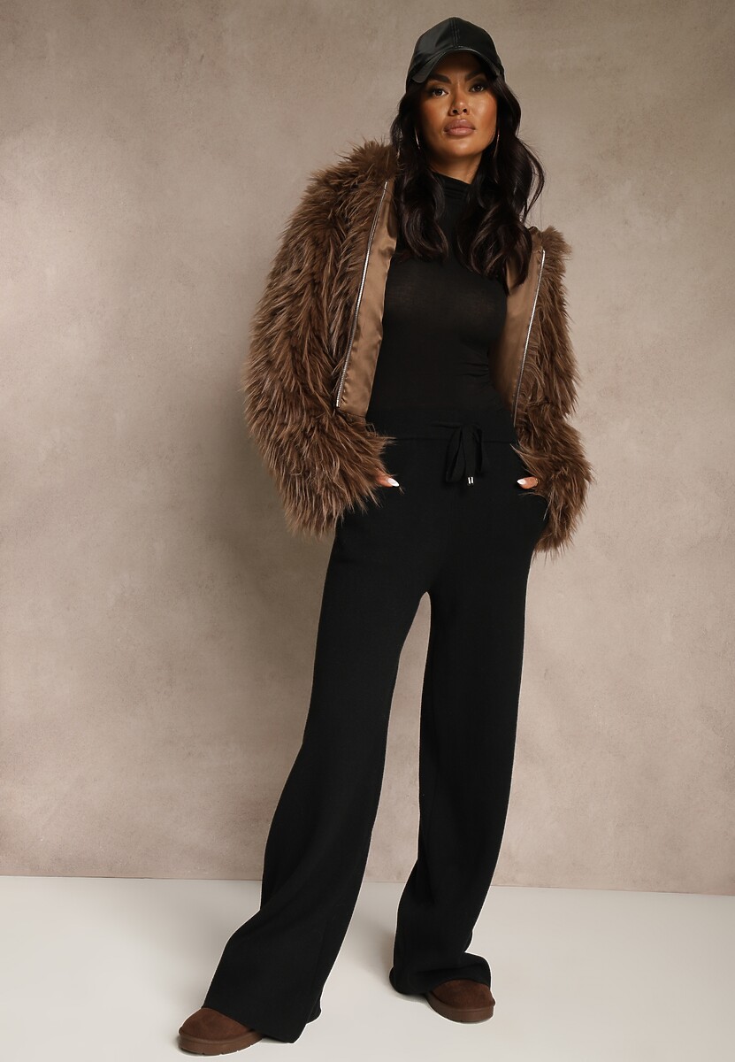 Jasnobeżowe Szerokie Spodnie Dzianinowe Ozdobione Sznurkami Meretusa