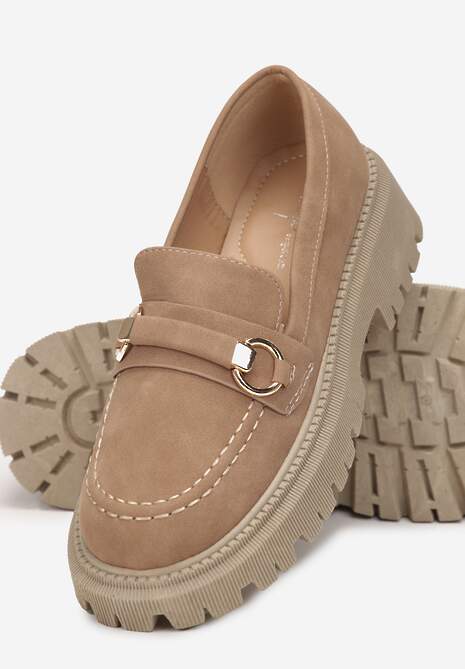 Ciemnobeżowe Mokasyny Chunky z Metaliczną Klamerką Tarune