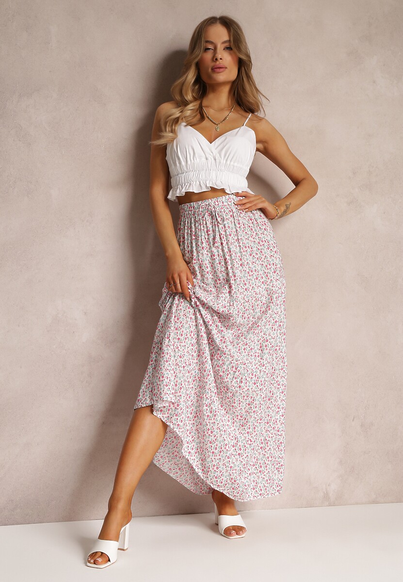 Granatowa Spódnica Maxi Bawełniana w Kwiatowy Wzór Rayegan