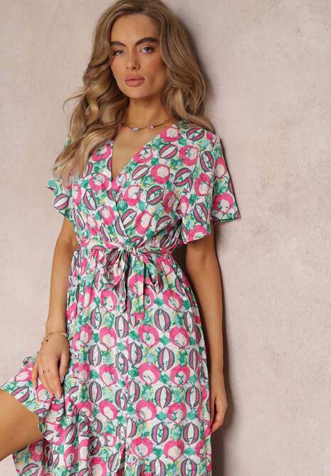Różowa Sukienka z Wiskozy i Kopertowym Dekoltem w Fantazyjny Print Abai