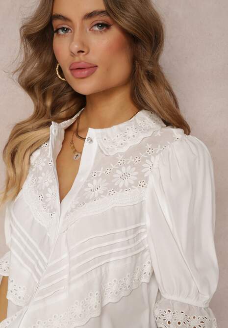 Biała Koszula z Haftowanym Kołnierzem i Rękawem z Gumką Prescotta