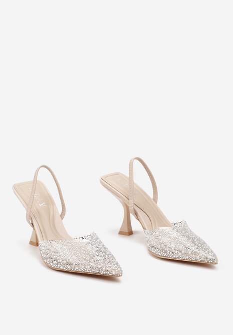 Beżowe Sandały na Szpilce z Przezroczystym Noskiem w Cekiny i Perły Niria