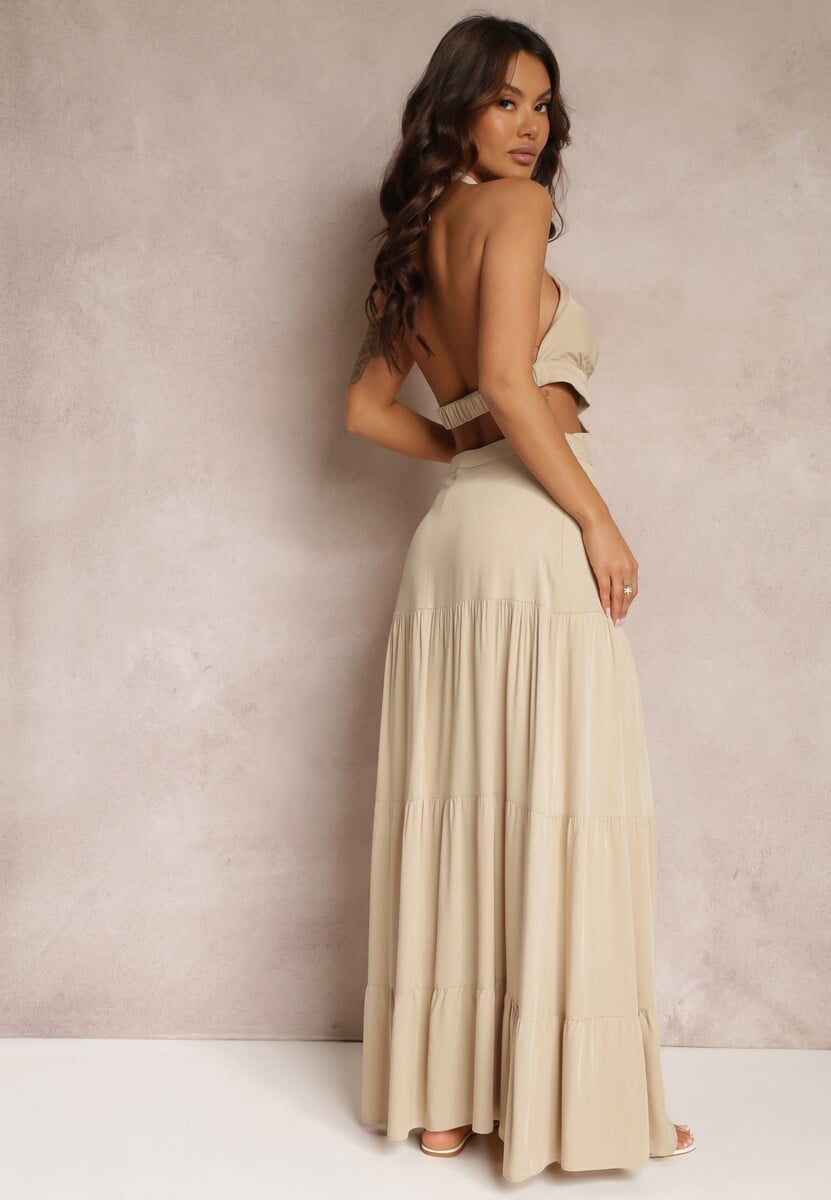 Beżowa Rozkloszowana Sukienka z Wiskozy z Wiązaniem i Wycięciami Kailen