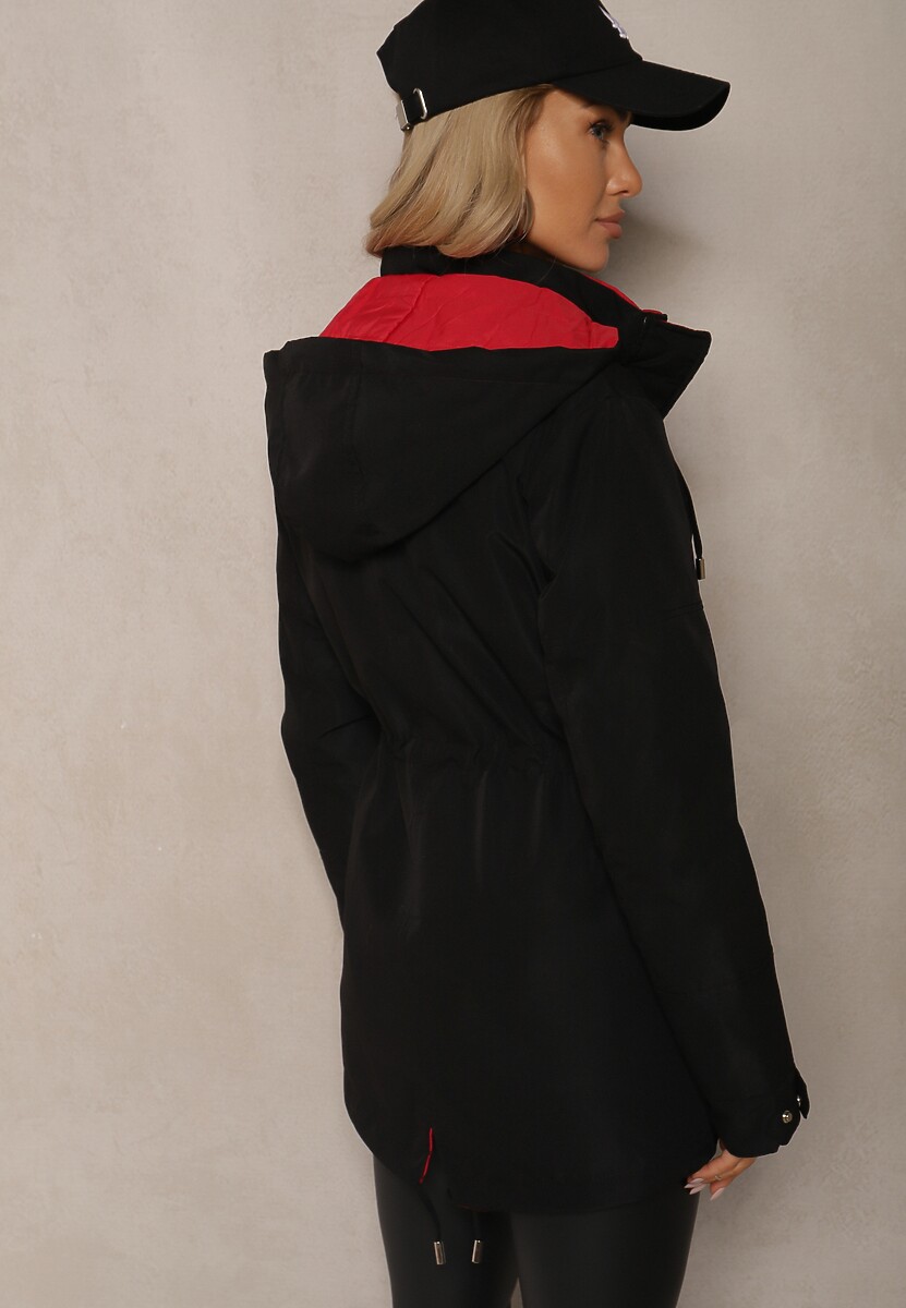 Czarno-Czerwona Kurtka Parka Dwustronna z Regulowanymi Rękawami i Odpinanym Kapturem Deneria