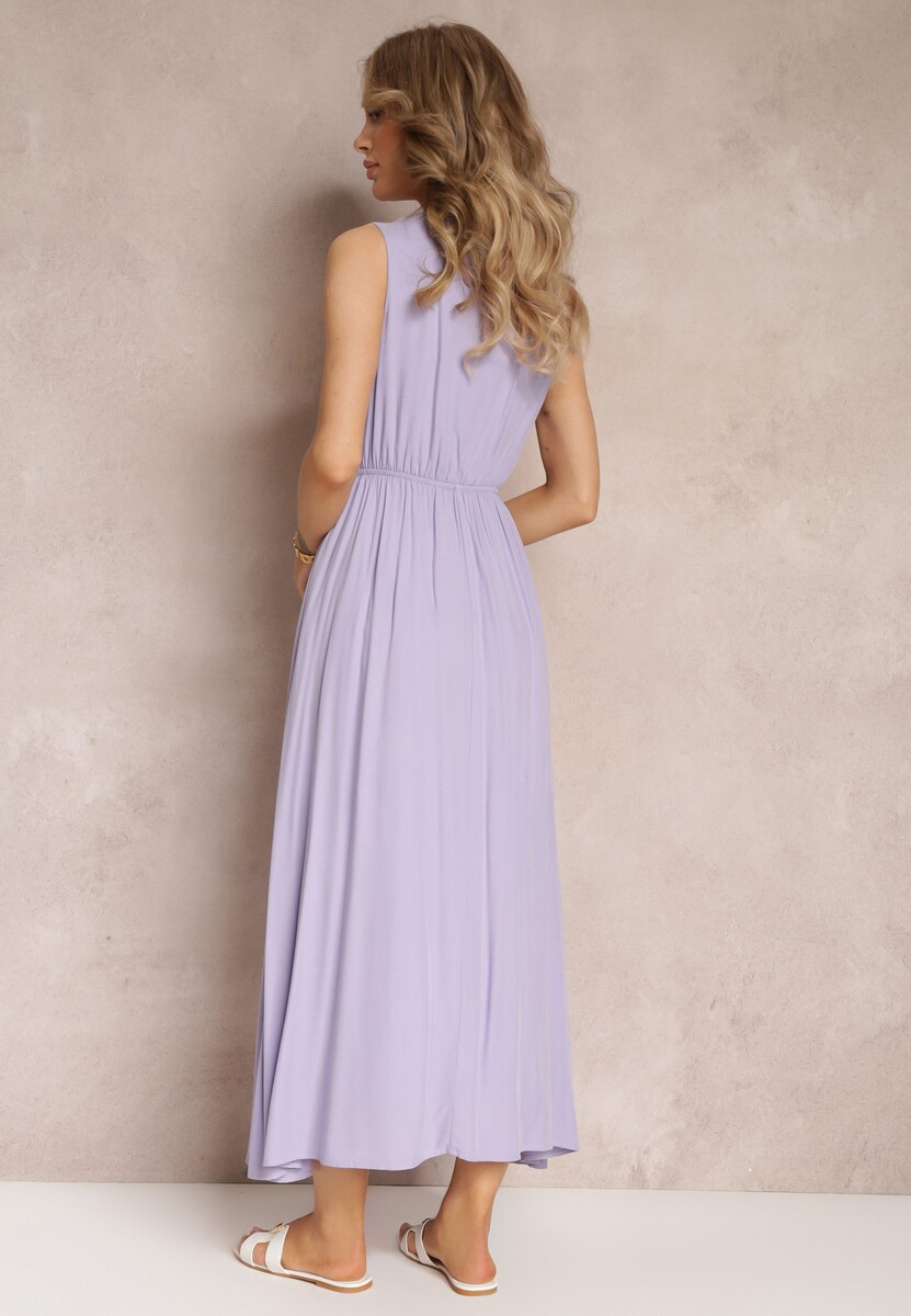 Fioletowa Rozkloszowana Sukienka Maxi z Gumką w Talii i Ozdobnymi Guzikami z Wiskozy Vianna