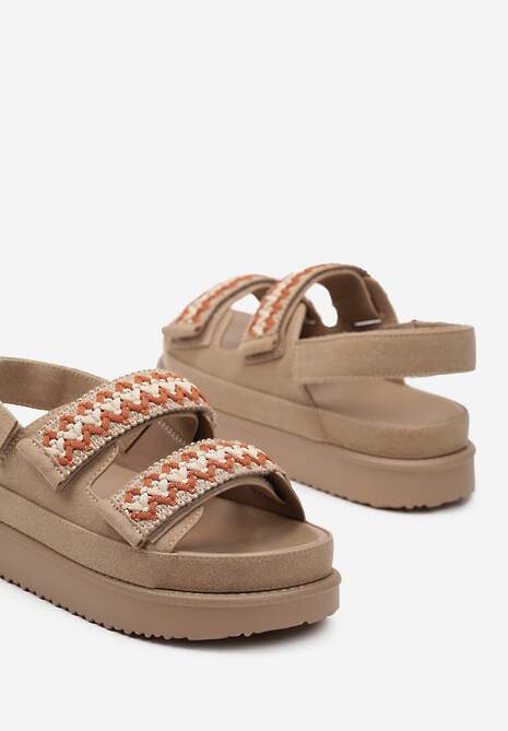 Ciemnobeżowe Sandały na Platformie Zapinane na Rzepy Nleira