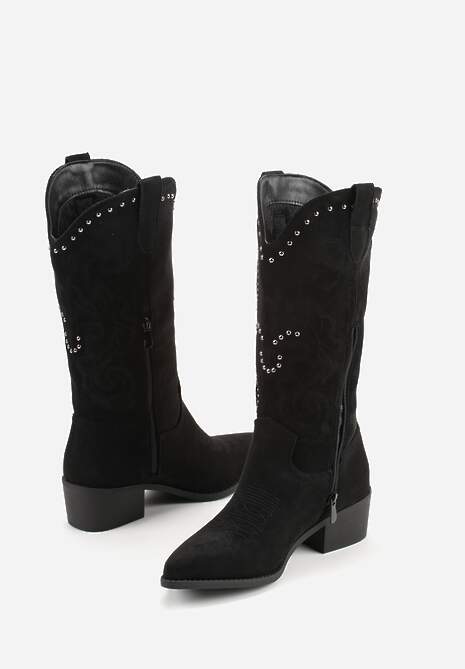 Czarne Kozaki Kowbojki na Słupku z Nitami i Haftem przy Cholewce Nuvitta