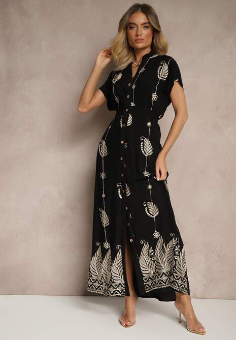 Czarna Sukienka Koszulowa z Bawełną i Metaliczną Nicią Ullio