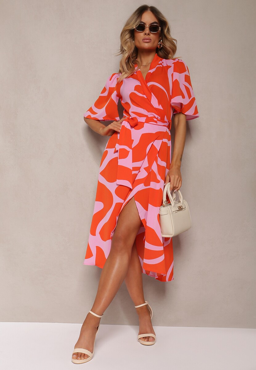 Pomarańczowo-Różowa Sukienka o Kopertowym Fasonie z Wiązaniem w Talii Uzilena