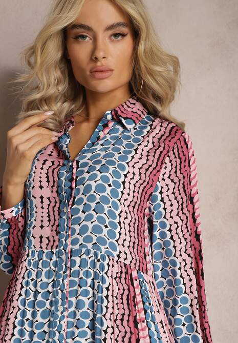 Niebiesko-Różowa Sukienka Maxi o Koszulowym Fasonie Vender