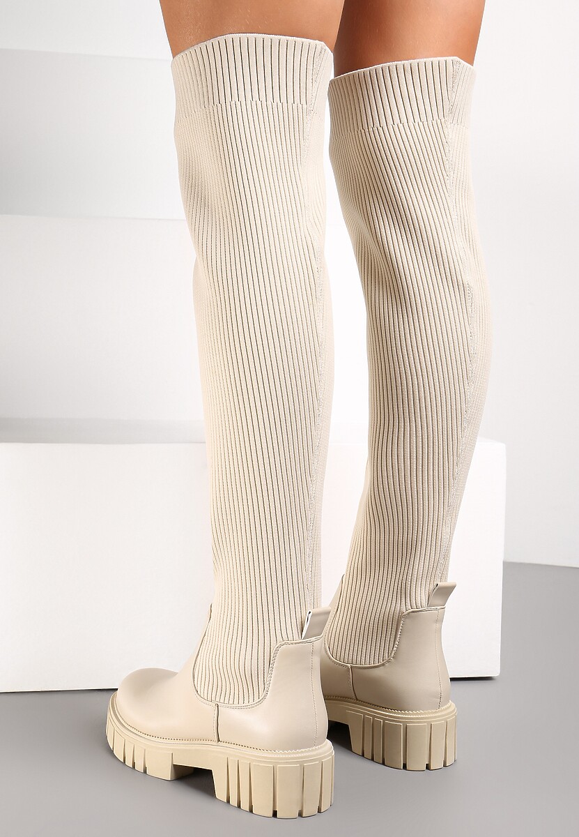 Beżowe Kozaki z Elastyczną Cholewką za Kolano Meyo