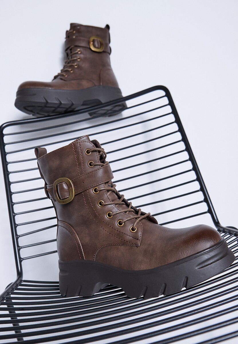 Ciemnobeżowe Botki w Stylu Workerów na Grubej Podeszwie Berimona