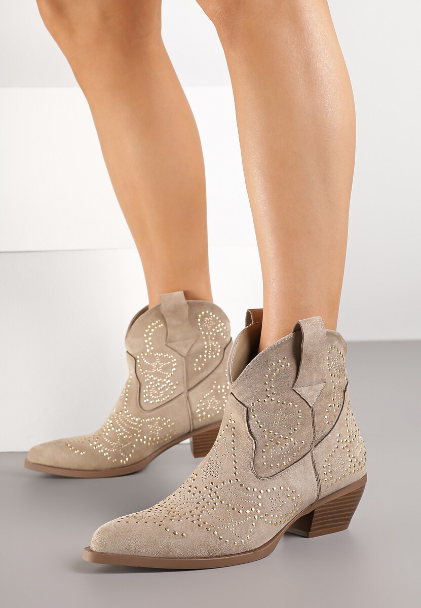 Ciemnobeżowe Krótkie Botki Typu Kowboki z Cyrkoniowym Zdobieniem Lalare
