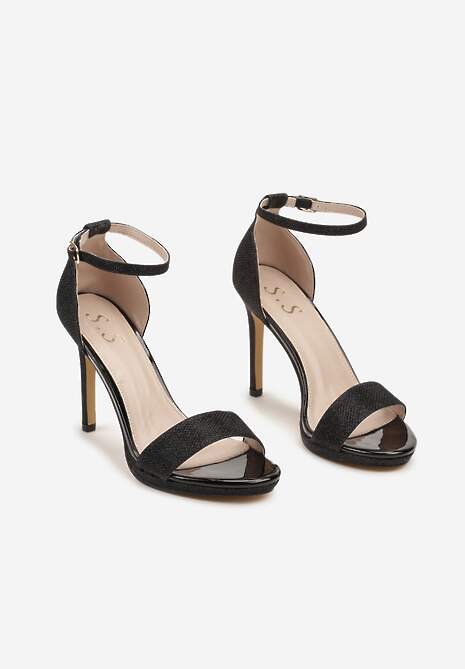 Czarne Brokatowe Sandały na Szpilce Zapinane Wokół Kostki Mlinaya