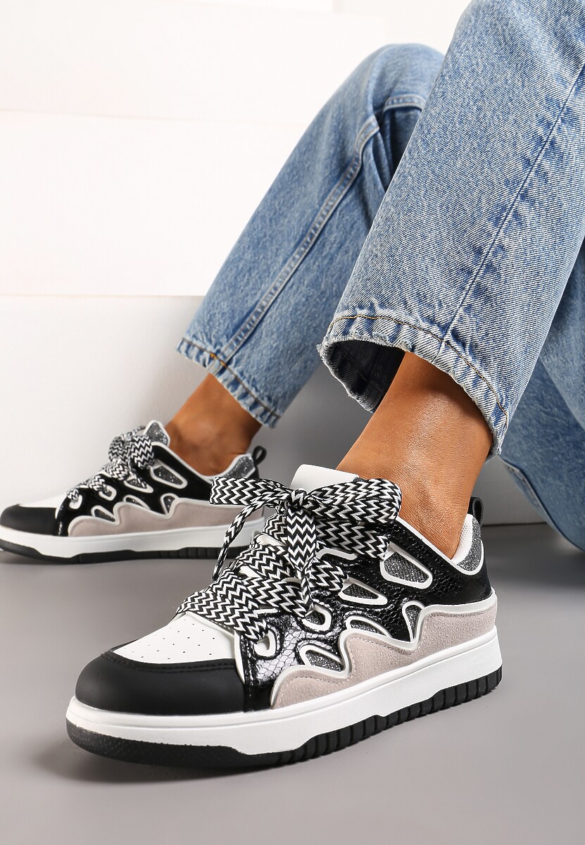 Czarne Sneakersy z Metalicznym Błyskiem i Podwójnym Sznurowaniem Piniara