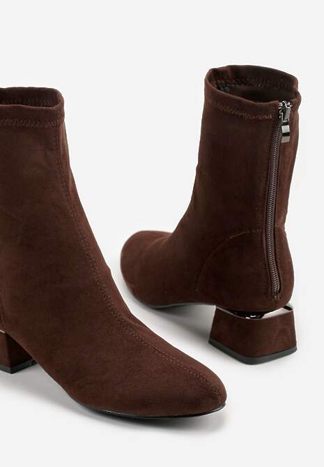 Brązowe Eleganckie Botki VICES Skarpetkowe na Klocku z Metalicznym Zdobieniem Rivite