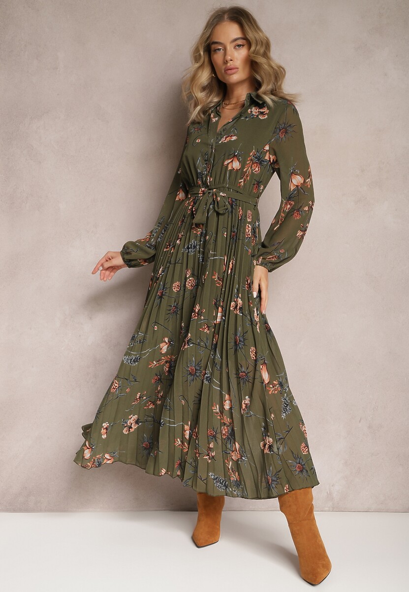 Ciemnozielona Sukienka Plisowana w Kwiaty Emiranda