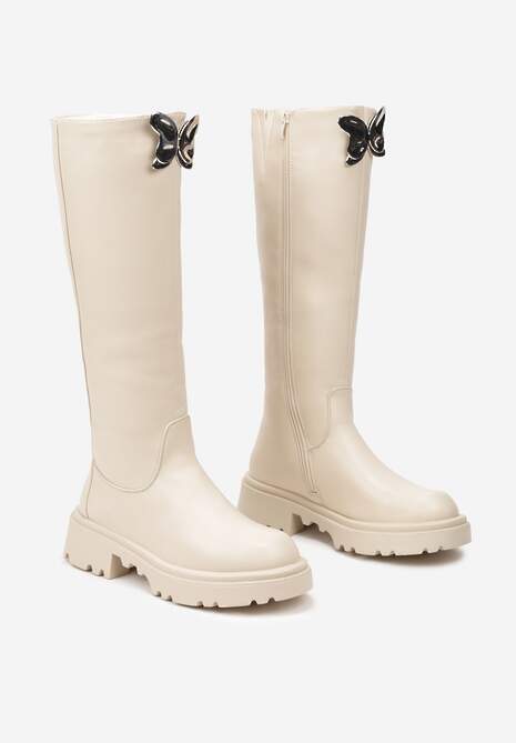 Beżowe Płaskie Kozaki Ozdobione Motylem 3D Remidra