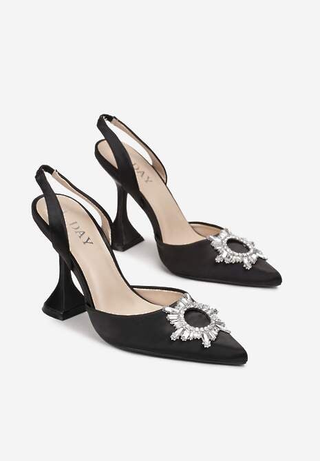 Czarne Sandały na Obcasie Klepsydra z Paskiem z Gumką i Kryształkami Alatria