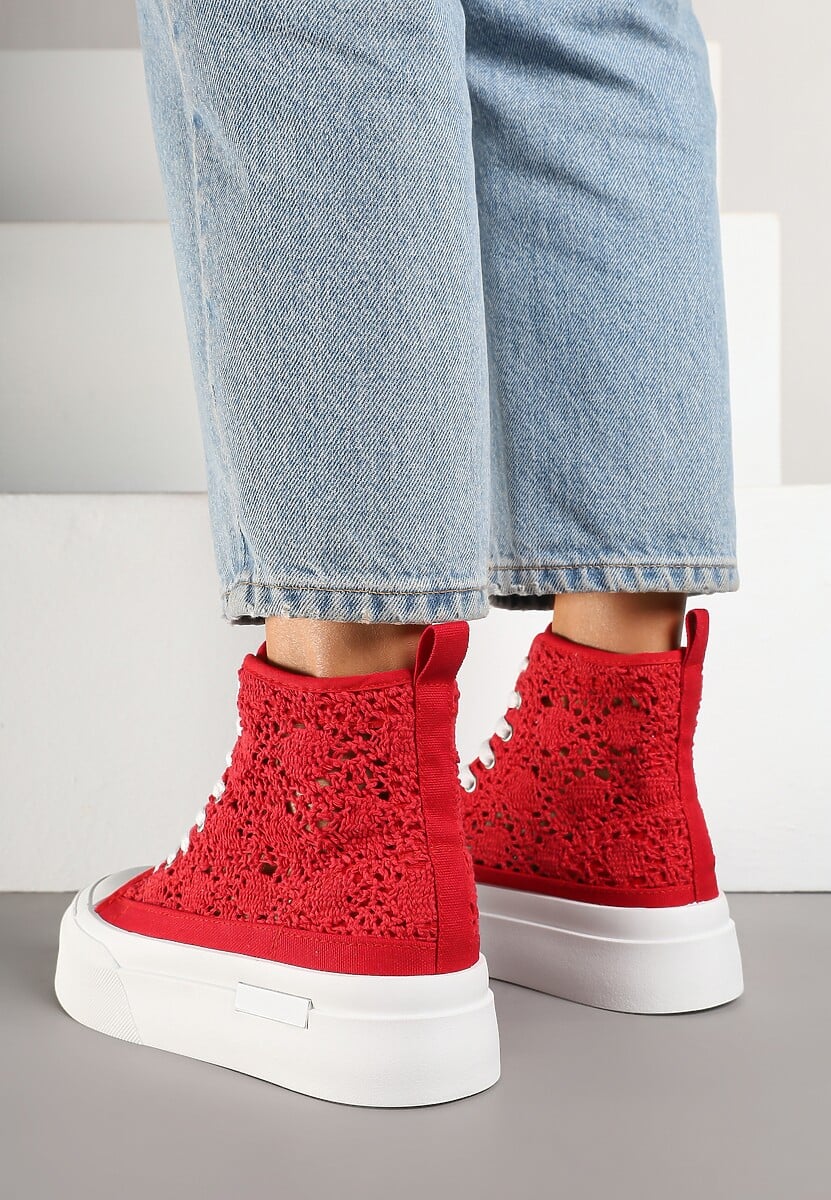 Czerwone Trampki na Platformie z Wysoką Ażurową Cholewką Velgisia