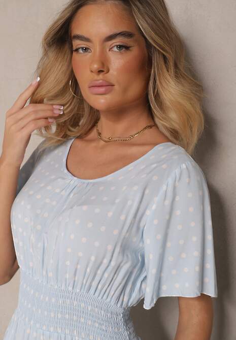 Jasnoniebieska Bawełniana Sukienka o Rozkloszowanym Fasonie w Kropki Tolimirae