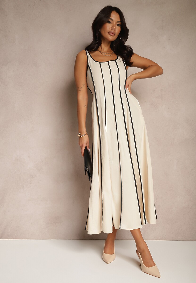 Jasnobeżowa Sukienka z Wiskozą o Rozkloszowanym Kroju w Pionowe Prążki Gonariel
