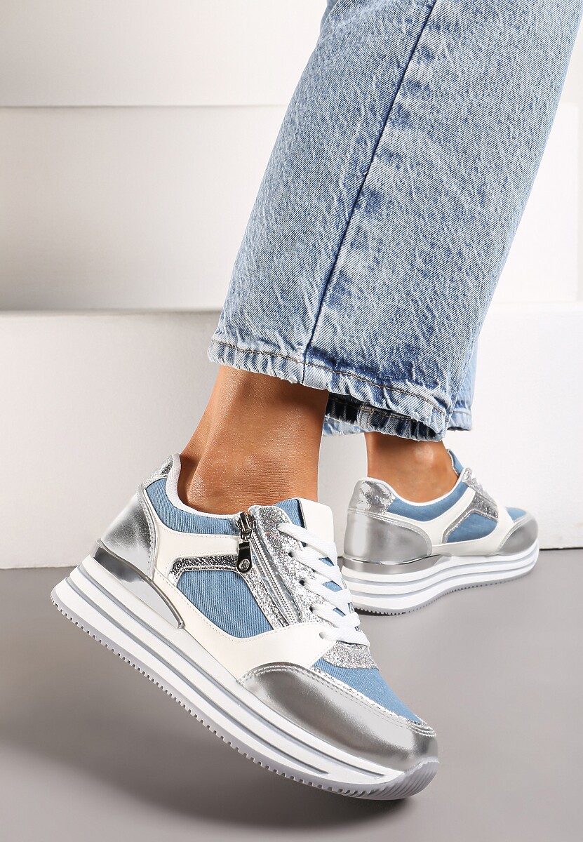 Niebiesko-Srebrne Sneakersy z Brokatowymi Wstawkami i Krótkim Suwakiem Naiwra