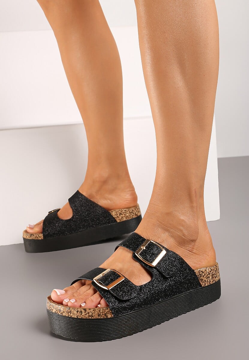Czarne Klapki na Platformie z Korkową Wstawką i Klamrami Ozdobione Brokatem Sumeria
