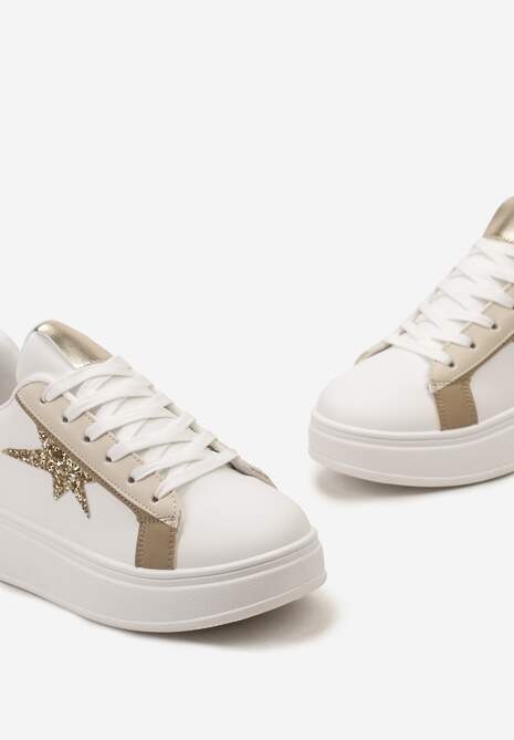 Biało-Beżowe Sneakersy na Platformie Ozdobione Gwiazdką z Brokatem Nislemia