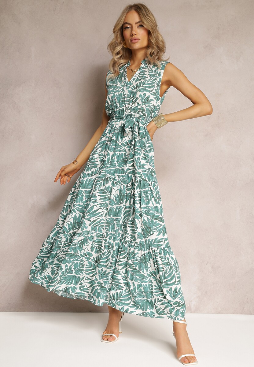 Granatowa Sukienka Maxi z Wiskozy o Rozkloszowanym Kroju Ozdobiona Falbanką i Paskiem Ninaste