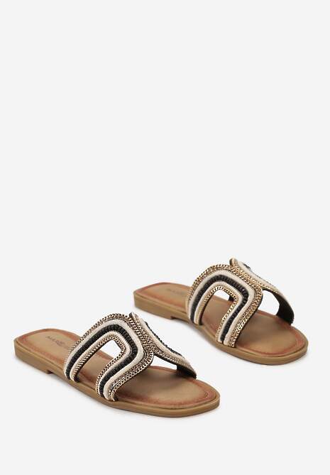 Czarne Wsuwane Klapki na Płaskim Obcasie Zdobione Koralikami i Łańcuszkiem Allieta