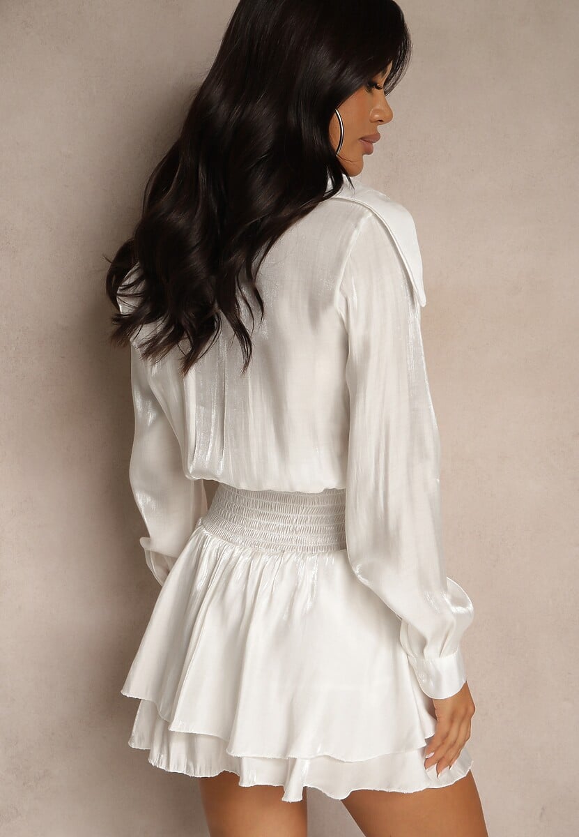 Biała Wiskozowa Sukienka o Koszulowym Fasonie z Falbanami Lioelle