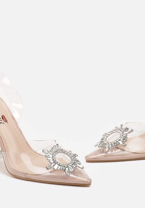 Beżowe Sandały Transparentne z Cyrkoniami i Obcasem w Typie Klepsydry Vlekoria