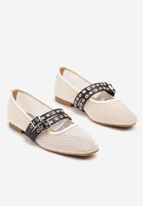 Beżowe Siateczkowe Balerinki z Dwoma Paskami Tirlevi