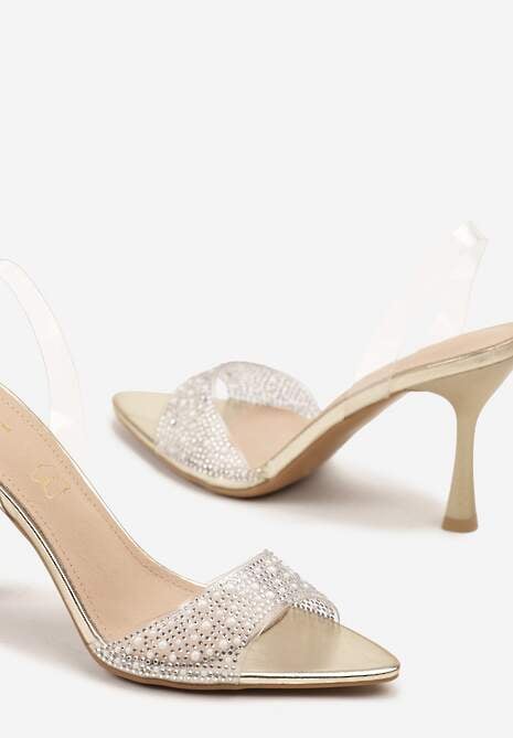 Złote Sandały Vices na Szpilce z Wkładką ze Skóry Naturalnej z Cyrkoniami Lumerelle