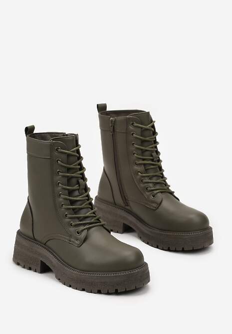 Zielone Sznurowane Botki na Grubej Podeszwie Attira