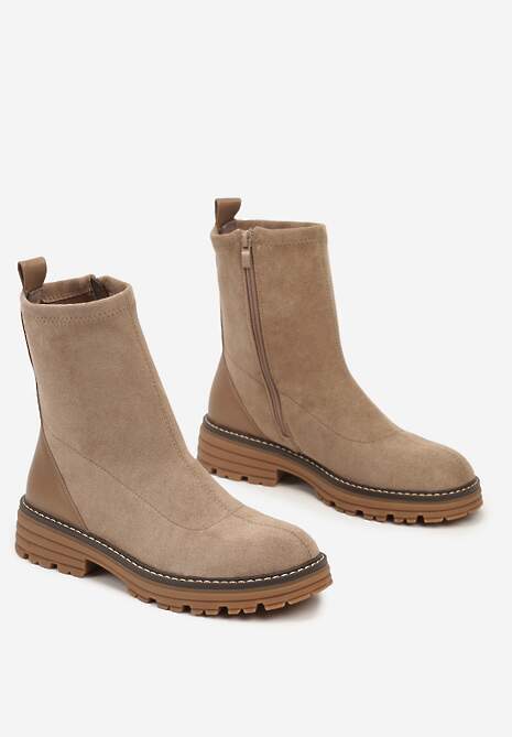 Beżowe Botki na Płaskiej Podeszwie Ozdobione Kontrastowym Elementem Vioriela