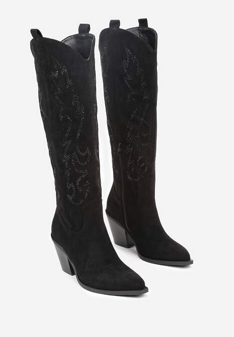 Czarne Kozaki Kowbojki na Stożkowym Obcasie Zdobione Cyrkoniami Nalera