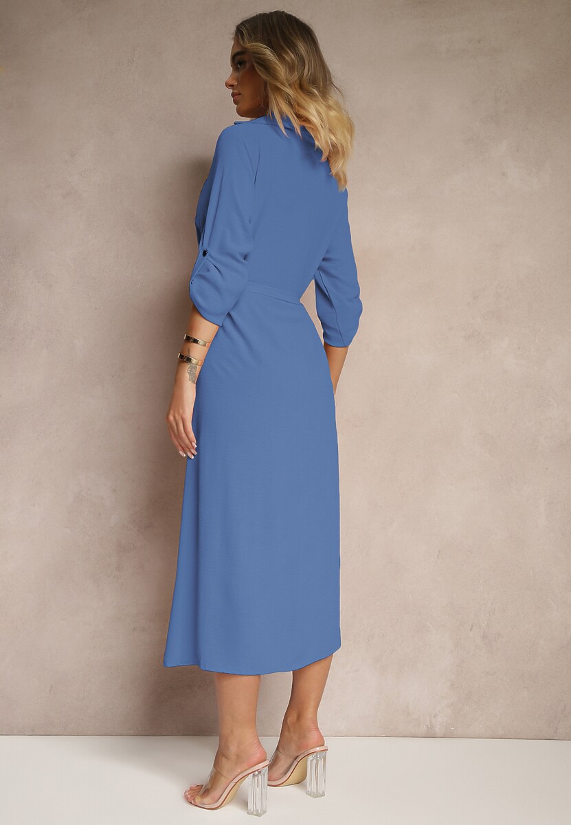 Niebieska Sukienka Koszulowa Ozdobiona Paskiem Vivirielle