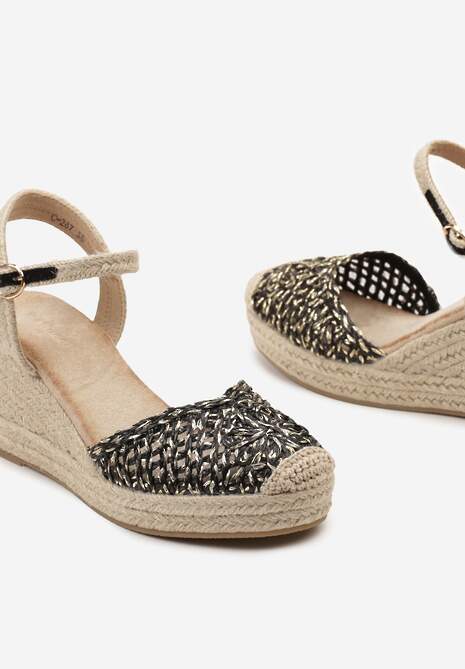 Czarne Sandały w Stylu Espadryli z Plecionym Noskiem i Koturnem Sargia