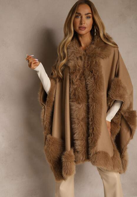 Jasnobrązowe Ponczo z Wiskozą Wełną i Futerkiem Mevicia