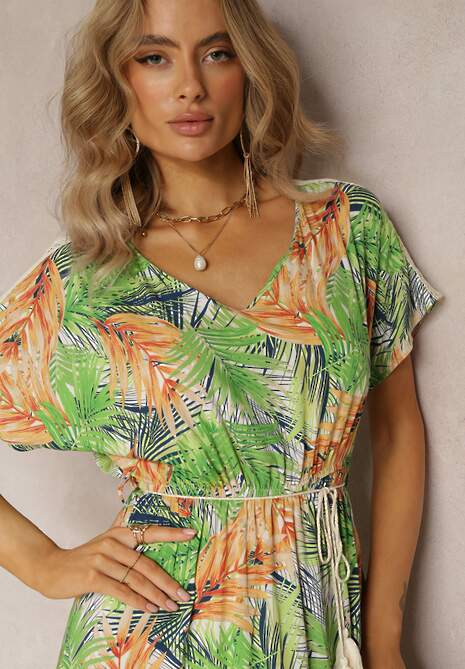 Zielono-Pomarańczowa Maxi Sukienka z Wiskozy w Kwiatowy Print ze Sznurkiem w Talii Anukka