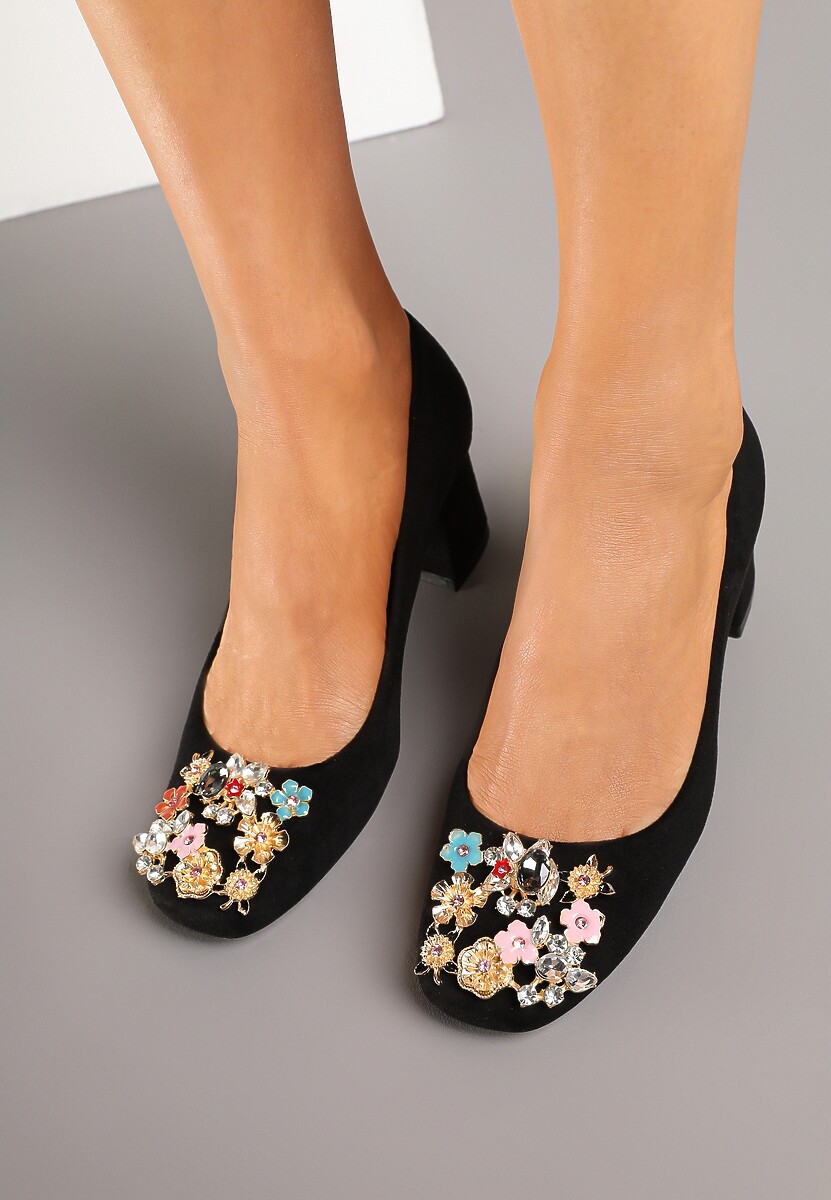 Czarne Czółenka Vices na Słupku ze Skórzaną Wkładką Ozdobione Cyrkoniami Fonamira