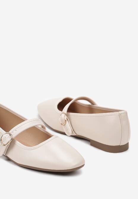 Beżowe Balerinki z Kwadratowym Noskiem i Zapięciem na Sprzączkę Rilanora