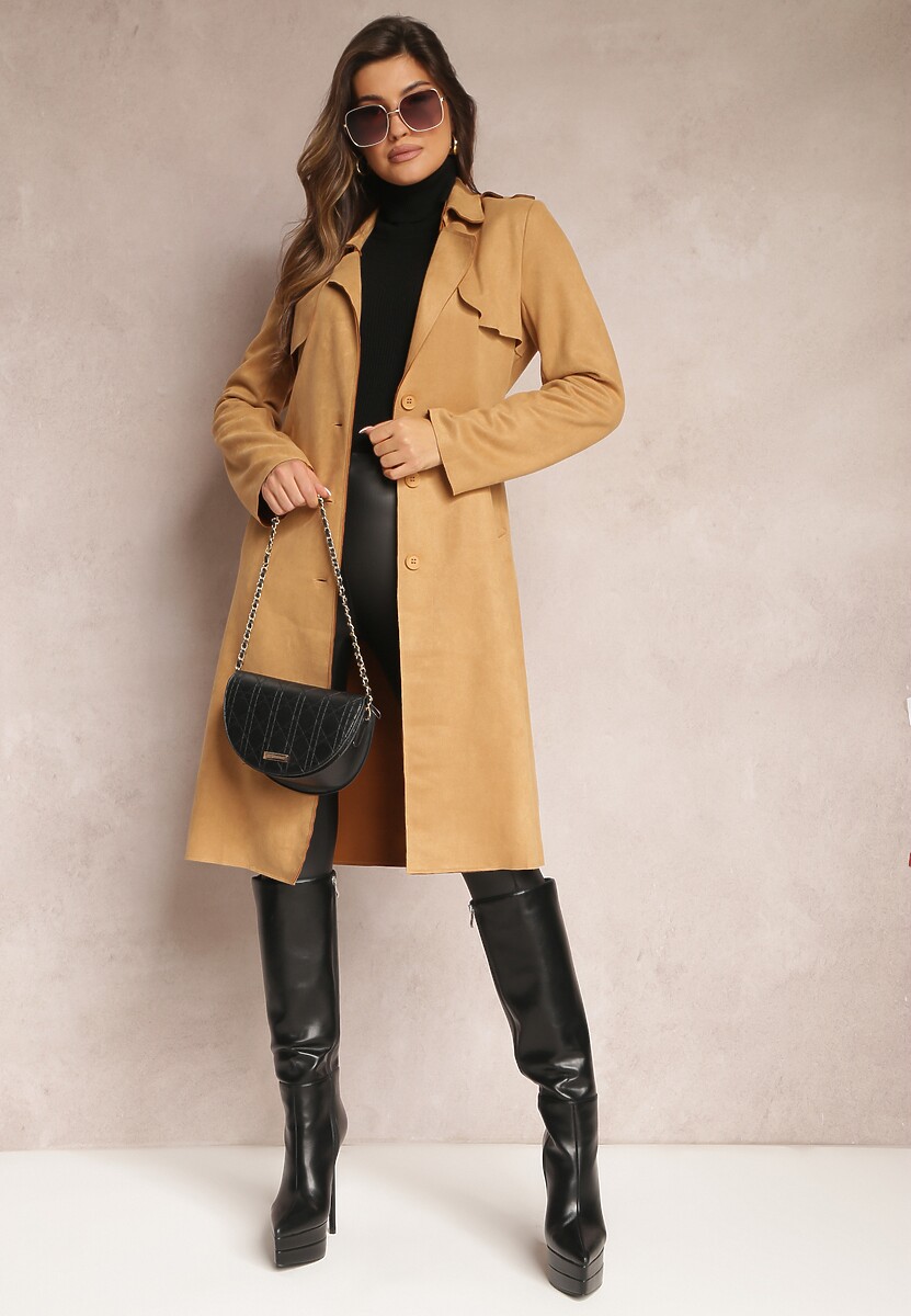 Jasnobrązowy Płaszcz Wiązany Materiałowym Paskiem z Guzikami i Kieszeniami Elemina